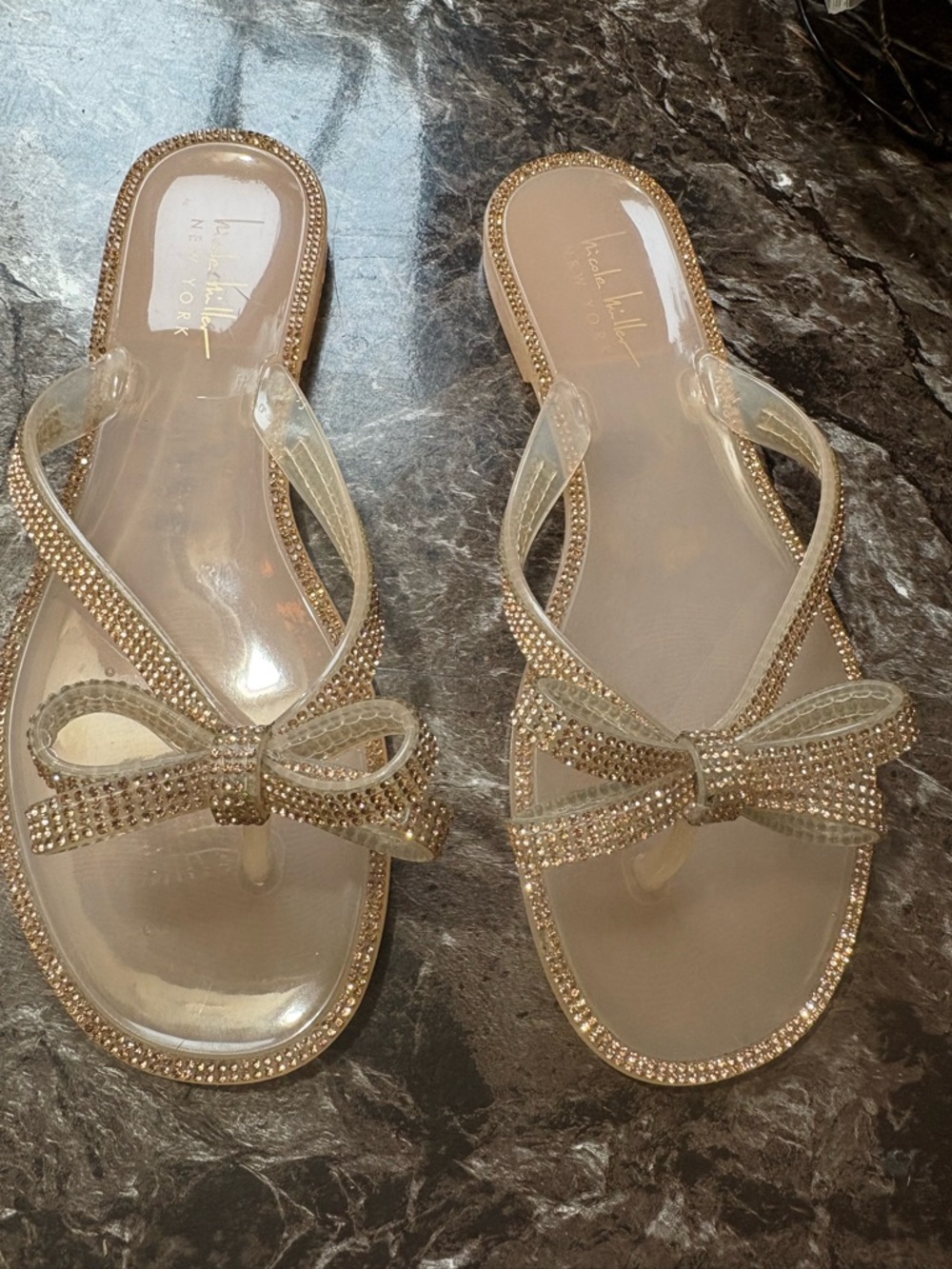 Nicole Miller Rose Gold Crystal Bow Jelly Flip Flops